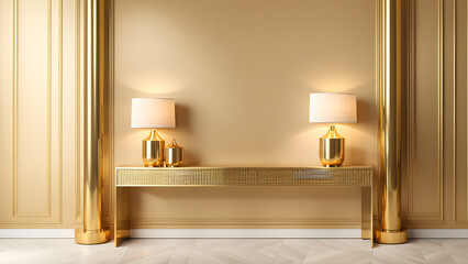 A gold room with two lamps on a table