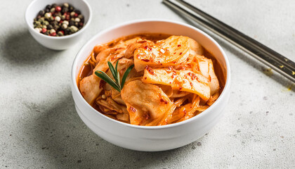 Close-up of traditional Korean kimchi in white bowl. Tasty Asian food. Culinary concept.