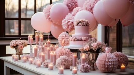 b'Lavish pink birthday party decorations with a large pink cake and matching pink balloons and flowers'