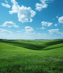 Fototapeta premium b'Green rolling hills under blue sky with white clouds'