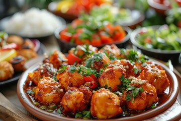b'A plate of food with various side dishes'