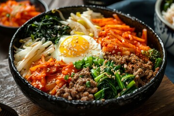 Fototapeta premium Korean Food Bibimbap with Rice, Vegetables, Egg and Meat