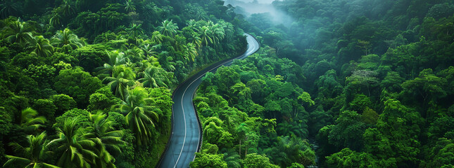 Capture the picturesque view of a winding road through dense rainforest foliage during the monsoon.