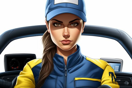 b'Portrait of a female race car driver in a blue and yellow uniform'