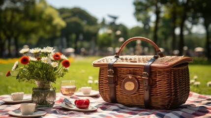 b'picnic in the park with a beautiful flower vase'