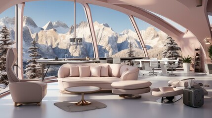 Fototapeta premium b'Pink futuristic living room interior with large windows and mountain views'