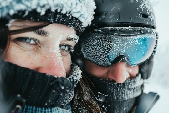 Couple skiing on mountain outdoors photo face.