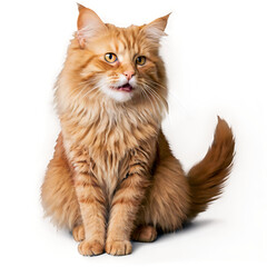 Cute adult fluffy red cat sitting and raised its front paws up, imitation of holding any object,...