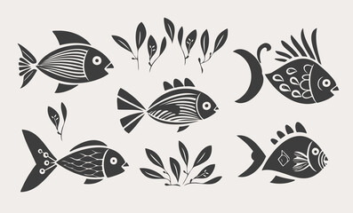 Isolated river fish. Set of freshwater aquarium cartoon silhouettes fishes. varieties of ornamental popular fish. Flat design fish. Vector illustration, fishes. fish collection. modern flat fishes
