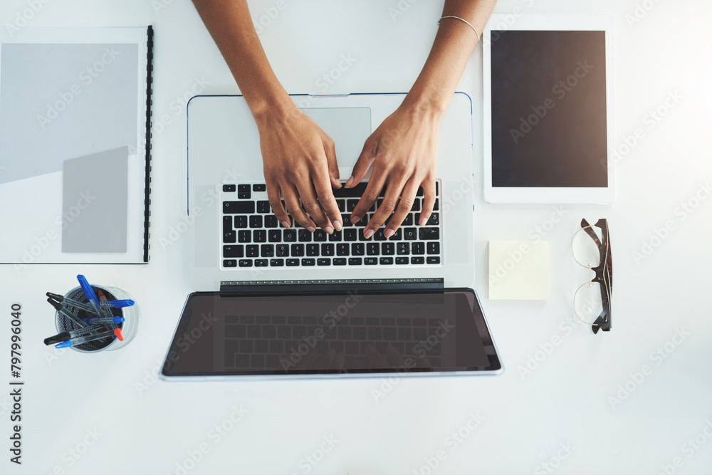Poster Hands, laptop and typing business person with website development and ux administration. Above, professional and content creation admin worker with internet and digital work at a creative agency