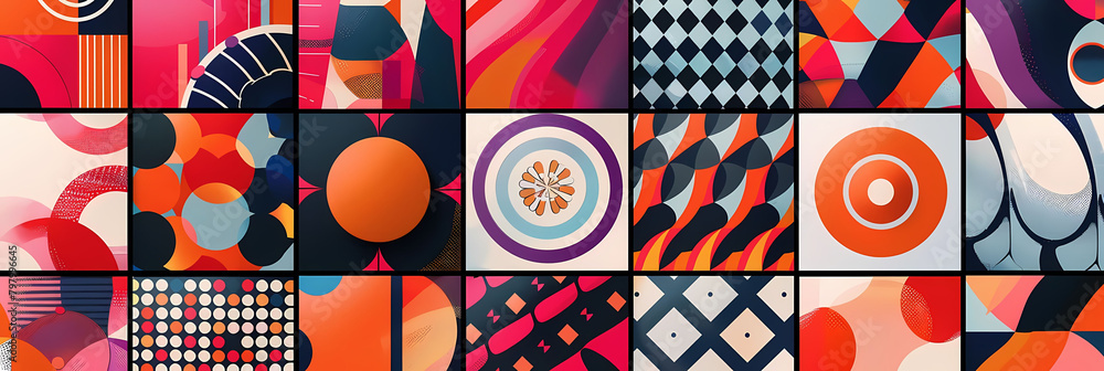 Poster abstract geometric pattern design ebook featuring a colorful array of shapes and sizes, including a