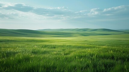 b'Tranquil Grassland Landscape with Rolling Hills and Clear Blue Sky'