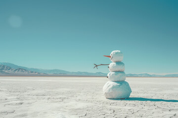 A symbolic snowman melting in the desert, representing environmental change, with mountains, clouds, and sky in the background.

