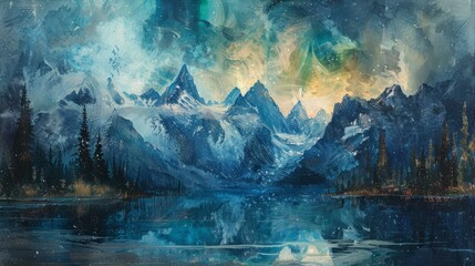 b'Blue mountains and lake landscape illustration'
