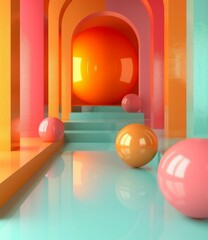 b'Pink and orange spheres in a colorful 3D environment'