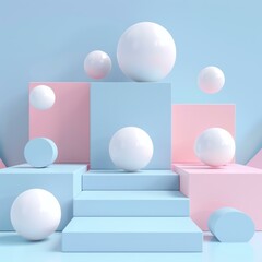 b'Pastel podium and floating spheres abstract background'