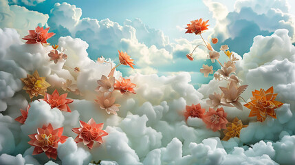 A whimsical scene of paper flowers delicately arranged on a bed of fluffy cotton clouds, creating a dreamlike tableau that transports viewers to a world of imagination and wonder.