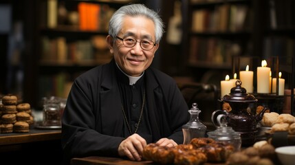 b'Portrait of a smiling Asian man wearing a clerical collar' - obrazy, fototapety, plakaty