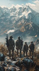 soldiers in front of a mountain range