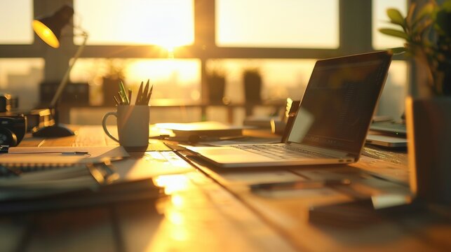 Like a sunlit daydream the warm tones of the defocused office equipment radiate a sense of tranquility and peacefulness. The fuzzy contours of the pens laptops and other tools blur .