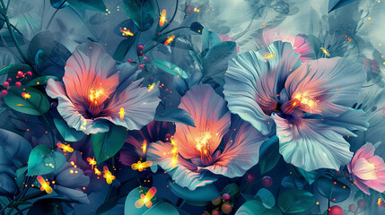 Bold abstract florals with captivating fireflies. Watercolor 3D illustration, texture.