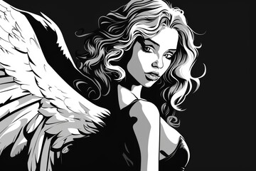 Black and white drawing of a woman with wings, suitable for various creative projects