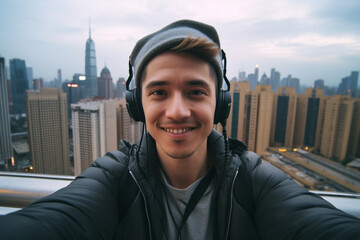 selfie portrait of man using headphones and looking at camera with smile on rooftop of tall building