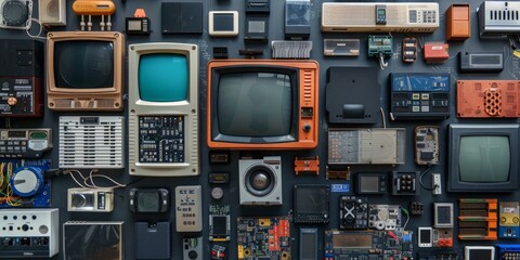 Fototapeta premium A collection of vintage electronic components including televisions, radios, and circuit boards.