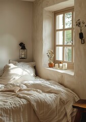 b'A cozy bedroom with a bed, a window, and a few candles'