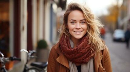 b'portrait of a beautiful blonde woman smiling wearing a brown jacket and scarf'