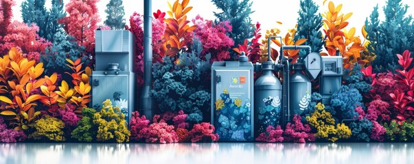 Colorful contrast of floral beauty and industrial equipment in a conceptual environmental artwork