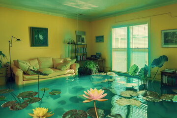 A flooded living room adorned with symbolic lotus flowers, representing resilience and renewal, with a pond.

