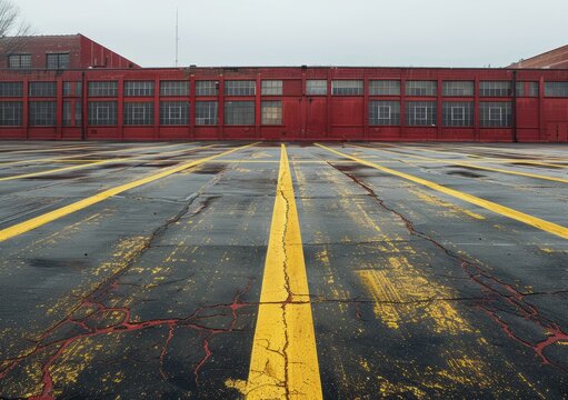 b'An empty airplane hangar with yellow lines on the floor'