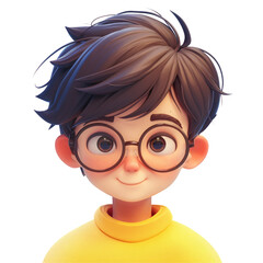 A cute stylized cartoon boy wearing glasses is depicted in a close up shot against a plain transparent background
