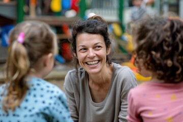 Fototapeta premium Middle age woman preschool teacher happy kid laughing.