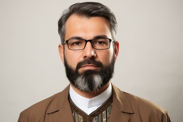 b'Portrait of a Persian man with glasses and a beard wearing a brown suit'
