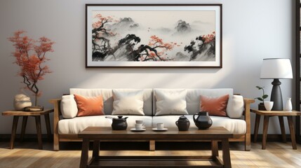 b'A beautiful living room with a Chinese painting of a mountain landscape.'