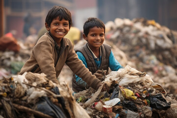 Indian poor child collecting garbage - obrazy, fototapety, plakaty