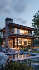 Fototapeta premium Modern House Exterior Design With Pool And Stone