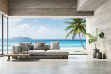 b'Modern beach house interior with sofa and ocean view'