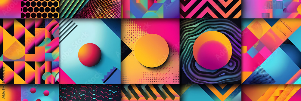 Poster abstract geometric pattern licensing program featuring a colorful wall and a yellow balloon