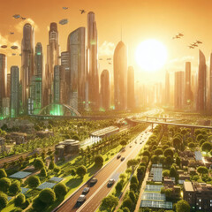 Generative AI modern future cityscape with high technology robot, modern future planetary scene, modern future cityscape, A city on a futuristic and modern planet in the future