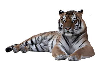 Tiger lying down isolated on white background.AI GENERATED