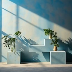 b'Blue background with plants on podiums'