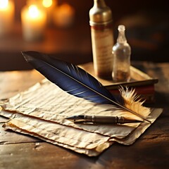 b'A blue feather quill rests on a stack of old papers with a golden bottle and two candles in the background'