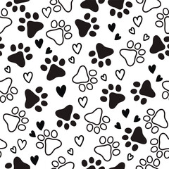 Seamless pattern with cute paws animals. Grooming. Veterinary. Pets. Seamless pattern for pet shop, prints, design. Repeating cartoon black dog or cat on white background. Repeated elements pet 