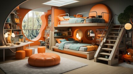 b'A modern and cozy bedroom with a large window and a bunk bed'