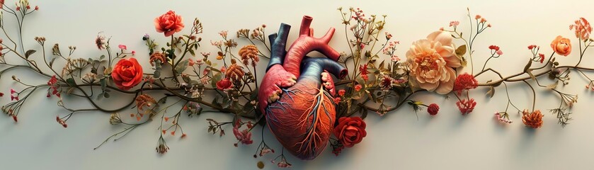 Naklejka premium Hybrid humanplant cardiovascular system illustrating a heart with vines and flowers as arteries