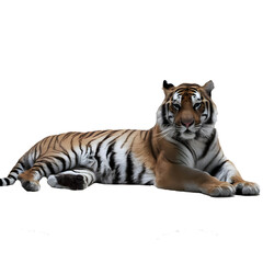 Tiger lying down isolated on white background.AI GENERATED