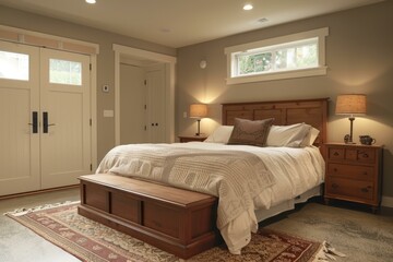 b'Cozy bedroom with white walls and wood furniture'